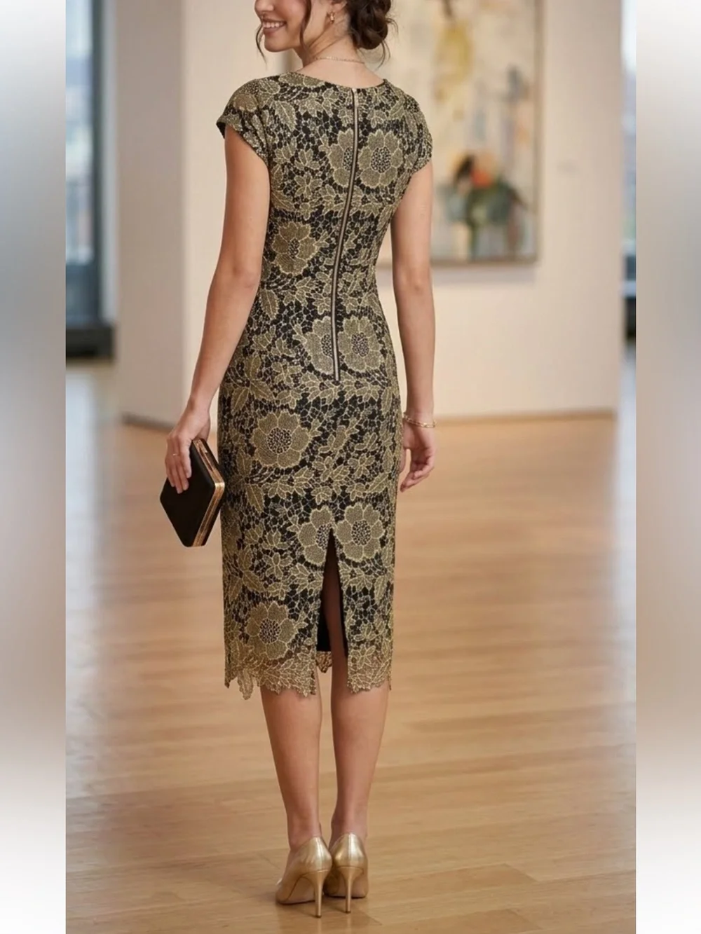 ECI New York Foiled Gold Lace Cap Sleeve Midi Sheath Dress New Size 8 - Picture 2 of 8